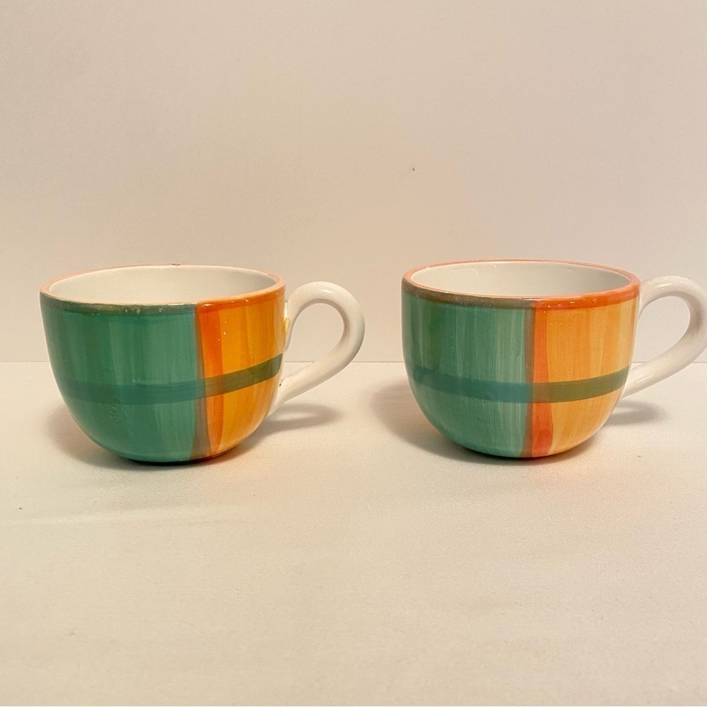 Bath & Body Works At Home Green/ Orange Plaid Ceramic Mugs Set Of 2